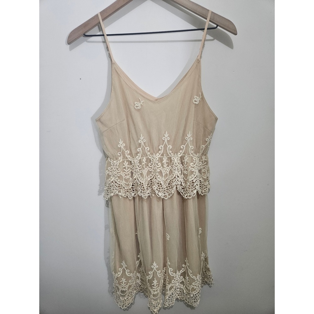 Umgee Boho Mesh‎ Lace Mini Dress Beige Crochet Tiered Sleeveless C7120 Womens M